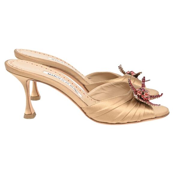 Manolo Blahnik Shoes - Manolo Blahnik Embellished Slide Sandal Heels in Brown Satin